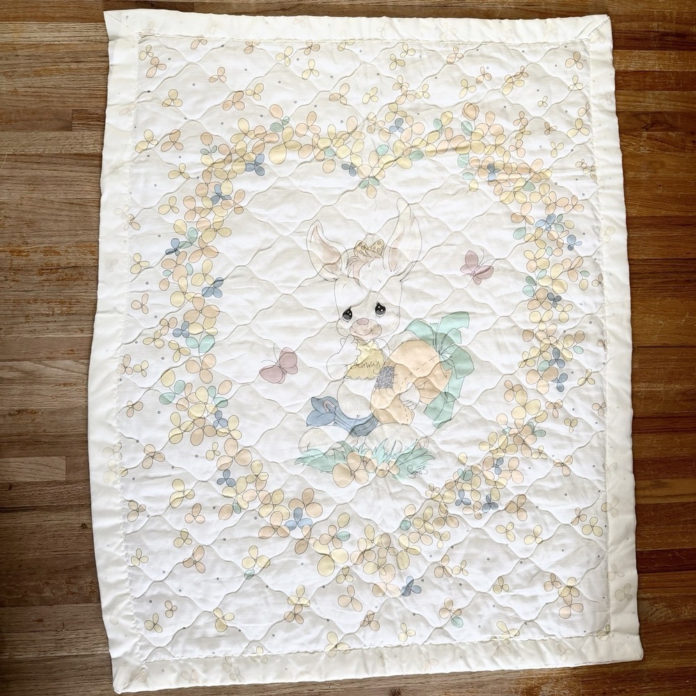 Vintage Precious Moments Baby Blanket Bunny Butterfly White Boy Girl Nursery 90s